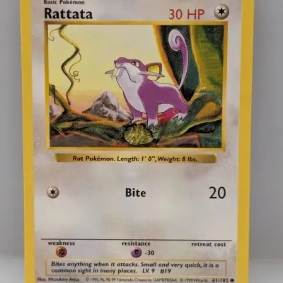 Sale Photo Thumbnail #786: Vintage 1999 Pokémon Base Set Rattata trading card #61/102, illustrated by Mitsuhiro Arita.