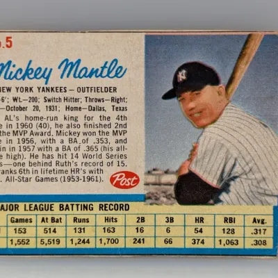 Sale Photo Thumbnail #119: 1962 Post Cereal Mickey Mantle #5 baseball card in raw, hand-cut condition.