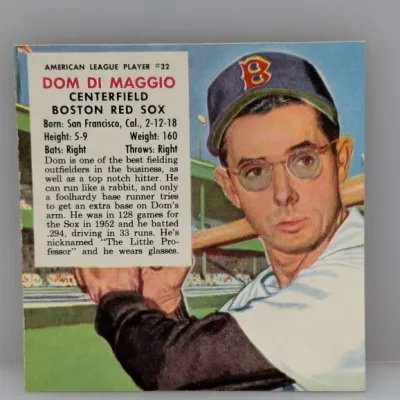 Sale Photo Thumbnail #193: 1953 Topps Dom DiMaggio #22 baseball card featuring a portrait illustration and player bio.
