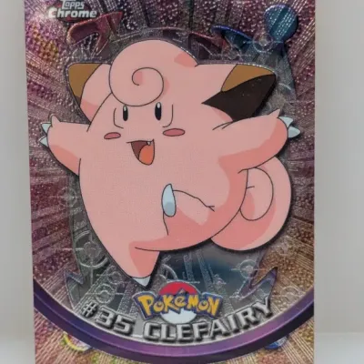 Sale Photo Thumbnail #750: 2000 Topps Chrome Pokémon Series 1 Clefairy trading card #35 featuring a holographic foil background in good condition.
