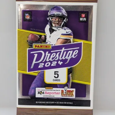 Sale Photo Thumbnail #290: Unopened Panini Prestige 2024 football card pack featuring Justin Jefferson, containing 5 cards.