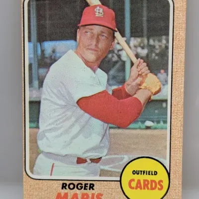 Sale Photo Thumbnail #111: 1968 Topps Roger Maris baseball card #330, featuring him as an outfielder for the St. Louis Cardinals.