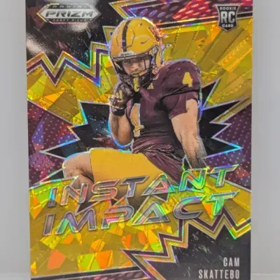 Sale Photo Thumbnail #179: Panini Prizm Draft Picks Instant Impact rookie trading card featuring Cam Skattebo in his Arizona State Sun Devils uniform, with a holographic Prizm finish.