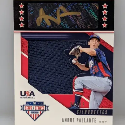 Sale Photo Thumbnail #450: Panini Stars & Stripes USA Baseball Andre Pallante autographed jersey relic card featuring a Collegiate National Team silhouette.
