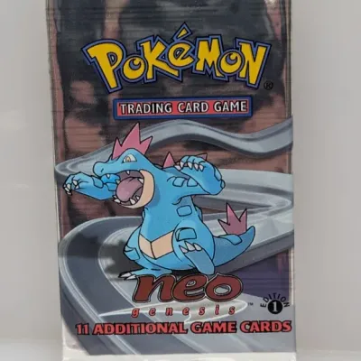 Sale Photo Thumbnail #592: Sealed Pokémon Neo Genesis 1st Edition booster pack featuring Feraligatr, released by Wizards of the Coast circa 2000.