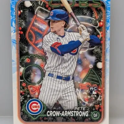 Sale Photo Thumbnail #199: Topps Holiday Pete Crow-Armstrong rookie baseball card featuring a festive background design.