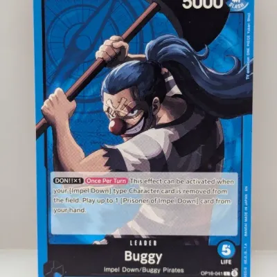Sale Photo Thumbnail #687: One Piece Card Game Buggy Leader card (OP06-041 L), featuring full-art artwork in near-mint condition.