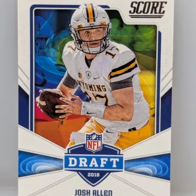 Sale Photo Thumbnail #373: 2018 Score NFL Draft rookie trading card featuring Josh Allen in his University of Wyoming Cowboys uniform.