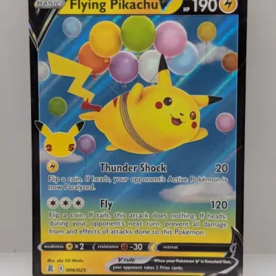 Sale Photo Thumbnail #654: Flying Pikachu V Pokémon trading card (006/025) from the 25th Anniversary Celebrations set, featuring full-art foil illustration.