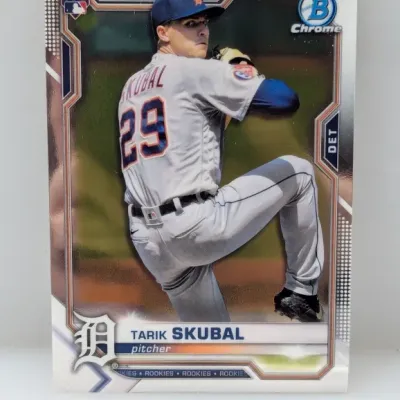 Sale Photo Thumbnail #506: 2021 Bowman Chrome Tarik Skubal rookie baseball card #77 for the Detroit Tigers.