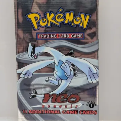 Sale Photo Thumbnail #601: Sealed Pokémon Neo Genesis 1st Edition booster pack featuring Lugia artwork, released in 2000.