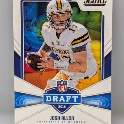 Sale Photo Thumbnail #410: 2018 Score Draft Josh Allen rookie football card featuring him in his University of Wyoming uniform, appearing in clean condition.