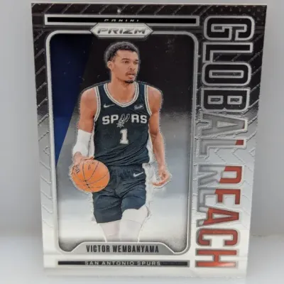 Sale Photo Thumbnail #556: 2023-24 Panini Prizm Global Reach Victor Wembanyama rookie basketball card in excellent condition.
