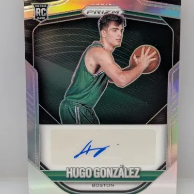Sale Photo Thumbnail #194: Hugo González Panini Prizm autographed rookie card featuring a silver Prizm refractor finish and on-card signature in blue ink.