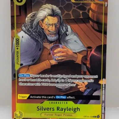 Sale Photo Thumbnail #675: One Piece Trading Card Game Silvers Rayleigh character card (OP14-108 R). Appears to be in excellent condition with crisp edges and vibrant full-art illustration.