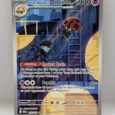 Sale Photo Thumbnail #357: Pokémon Trading Card Game Team Rocket's Orbeetle full-art secret rare card, number 198/182, featuring artwork by HYOGONOSUKE.