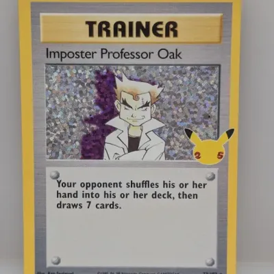 Sale Photo Thumbnail #196: Pokémon Imposter Professor Oak holographic trainer card from the 25th Anniversary Celebrations collection, number 73/102.