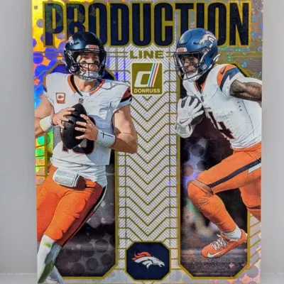 Sale Photo Thumbnail #85: Donruss Production Line trading card featuring Denver Broncos players Bo Nix and Courtland Sutton with a holographic refractor finish.
