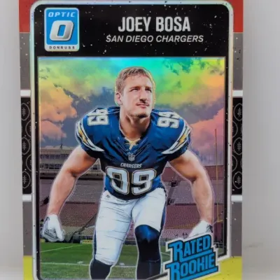 Sale Photo Thumbnail #425: 2016 Donruss Optic Joey Bosa Rated Rookie trading card featuring a holographic finish and San Diego Chargers branding.