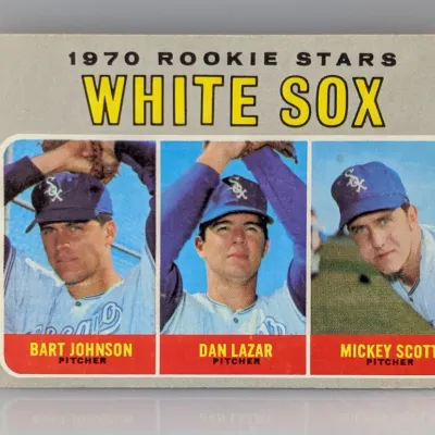 Sale Photo Thumbnail #343: 1970 Topps White Sox Rookie Stars baseball card featuring pitchers Bart Johnson, Dan Lazar, and Mickey Scott.