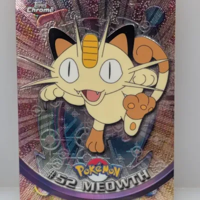 Sale Photo Thumbnail #762: Topps Chrome Pokémon trading card featuring #52 Meowth with a textured holographic foil finish.