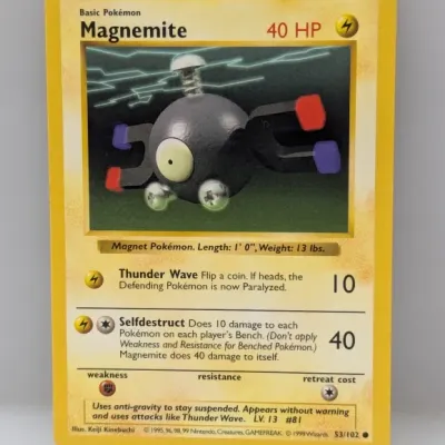 Sale Photo Thumbnail #785: 1999 Pokémon Base Set Magnemite trading card, numbered 53/102.