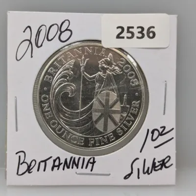 Sale Photo Thumbnail #861: 2008 Great Britain 1 oz fine silver Britannia coin housed in a protective cardboard flip.