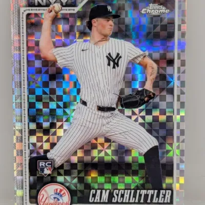Sale Photo Thumbnail #168: Cam Schlittler Topps Chrome X-Fractor rookie baseball card featuring the New York Yankees pitcher.