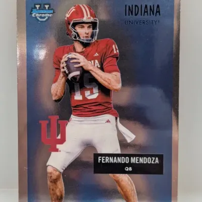 Sale Photo Thumbnail #156: Bowman Chrome University Fernando Mendoza Indiana Hoosiers quarterback trading card in excellent condition.