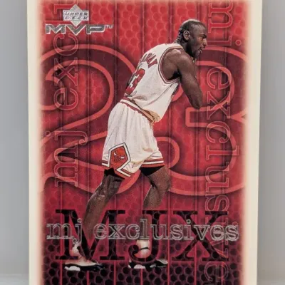 Sale Photo Thumbnail #324: 1999-00 Upper Deck MVP Michael Jordan "MJ Exclusives" basketball trading card. The card features Jordan in his Chicago Bulls uniform against a red patterned background.