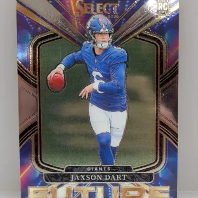 Sale Photo Thumbnail #240: Panini Select 'Future' Jaxson Dart rookie card, featuring a holographic foil finish and vibrant background graphic.