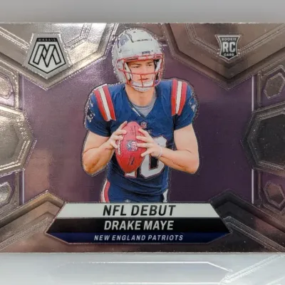 Sale Photo Thumbnail #233: Panini Mosaic Drake Maye NFL Debut rookie trading card in excellent condition, featuring the New England Patriots quarterback.