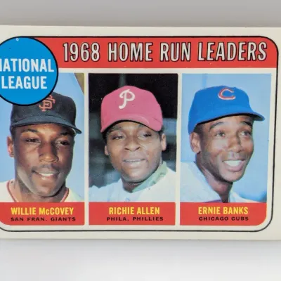 Sale Photo Thumbnail #588: 1969 Topps #3 1968 National League Home Run Leaders baseball card featuring Willie McCovey, Richie Allen, and Ernie Banks.