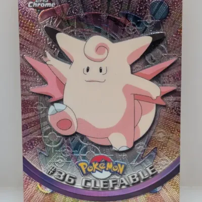 Sale Photo Thumbnail #752: Topps Chrome Pokémon Clefable #36 trading card with a textured spectra chrome background, circa 2000.