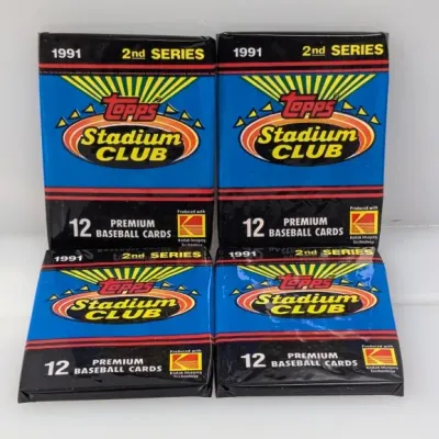 Sale Photo Thumbnail #389: Group of four unopened packs of 1991 Topps Stadium Club 2nd Series premium baseball cards, each containing 12 cards.