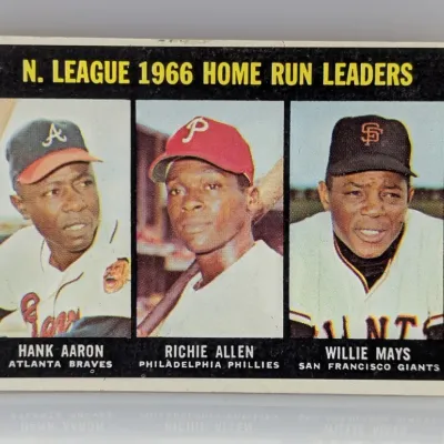 Sale Photo Thumbnail #64: 1967 Topps #24 N. League 1966 Home Run Leaders baseball card featuring Hank Aaron, Richie Allen, and Willie Mays.
