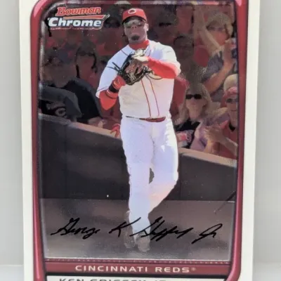 Sale Photo Thumbnail #301: 2006 Bowman Chrome Ken Griffey Jr. Cincinnati Reds baseball card featuring a facsimile signature across the lower section.