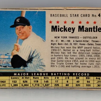 Sale Photo Thumbnail #103: Vintage 1961 Post Cereal Mickey Mantle Baseball Star Card No. 4, featuring stats through the 1960 season.