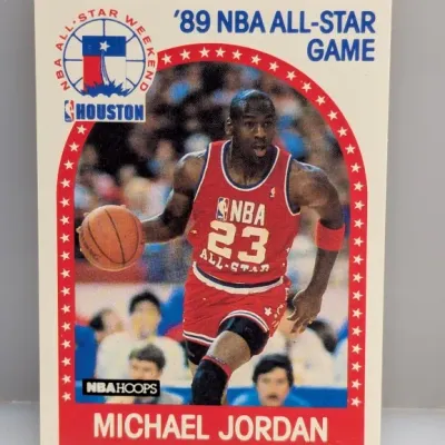 Sale Photo Thumbnail #552: 1989-90 NBA Hoops Michael Jordan #21 '89 NBA All-Star Game basketball card in good condition with crisp edges.