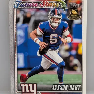 Sale Photo Thumbnail #69: Topps Future Stars Jaxson Dart football trading card in very good condition, featuring a design with the Topps All-Rookie Team logo and New York Giants branding.