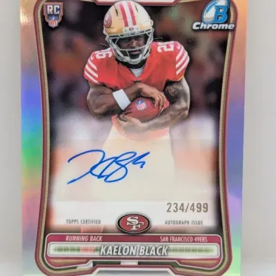 Sale Photo Thumbnail #37: Bowman Chrome Kaelon Black autographed rookie card for the San Francisco 49ers, numbered 234/499.