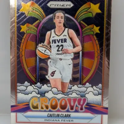 Sale Photo Thumbnail #358: Panini Prizm Caitlin Clark Indiana Fever 'Groovy' insert trading card, presented in clean condition.