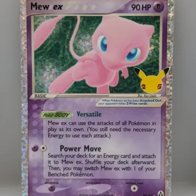 Sale Photo Thumbnail #444: Mew ex holo Pokémon trading card from the Celebrations Classic Collection, featuring a glitter border design and 25th anniversary stamp.