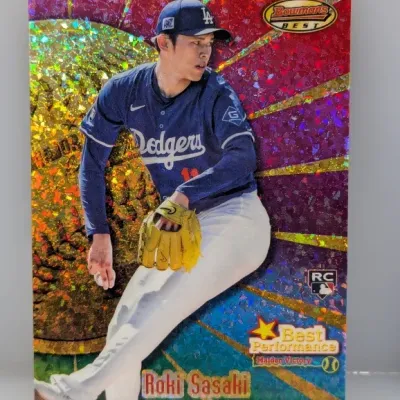Sale Photo Thumbnail #487: Roki Sasaki Bowman's Best 'Best Performance' rookie baseball card in Los Angeles Dodgers uniform, featuring a vibrant atomic refractor finish.