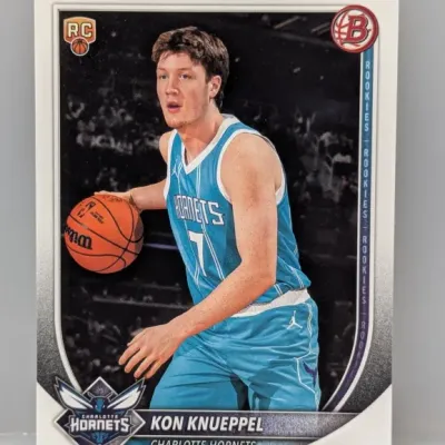 Sale Photo Thumbnail #239: Bowman rookie trading card featuring Kon Knueppel of the Charlotte Hornets in clean, sharp condition.