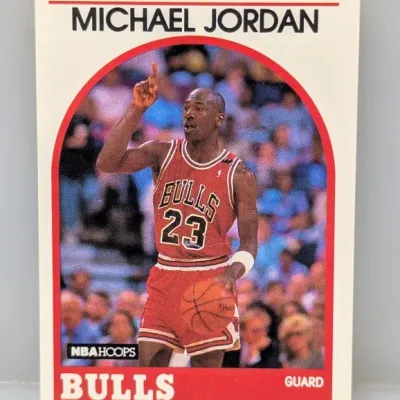 Sale Photo Thumbnail #365: 1989-90 NBA Hoops Michael Jordan #200 basketball trading card featuring him in a Chicago Bulls uniform.