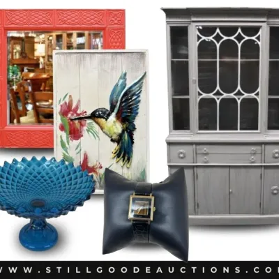 Sale Photo Thumbnail #3: Furniture, original artwork, antiques, art glass, Delft, sterling silver, jewelry, corningware, Texaco collectibles, Roseville, tupperware, vintage coins, baseball cards, stained glass, kaleidoscope, watches, custom knives, vaseline glass, Disney collecti