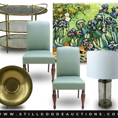 Sale Photo Thumbnail #2: Furniture, original artwork, antiques, art glass, Delft, sterling silver, jewelry, corningware, Texaco collectibles, Roseville, tupperware, vintage coins, baseball cards, stained glass, kaleidoscope, watches, custom knives, vaseline glass, Disney collecti