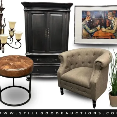 Sale Photo Thumbnail #7: Furniture, original artwork, antiques, art glass, Delft, sterling silver, jewelry, corningware, Texaco collectibles, Roseville, tupperware, vintage coins, baseball cards, stained glass, kaleidoscope, watches, custom knives, vaseline glass, Disney collecti
