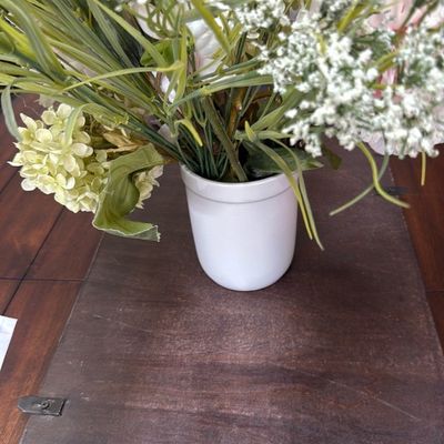 Sale Photo Thumbnail #11: Faux floral arrangement featuring pink peonies and greenery, displayed in a simple white ceramic vase.